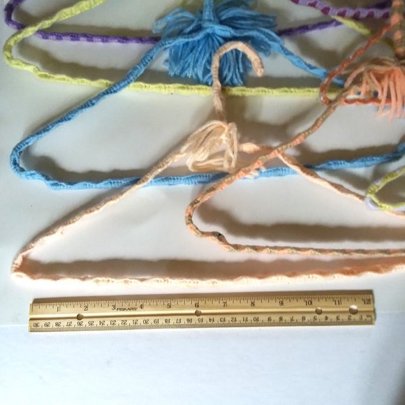 Crocheted Hangers 9 VTG 70s Pom Poms Handmade Metal Boho Retro Granny Knit - Picture 4 of 4